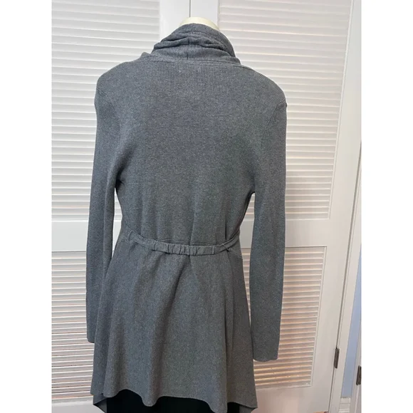 Cache Gray Draped Open Front Cardigan Sweater L Belted Faux Leather Shawl Collar - Picture 6 of 9